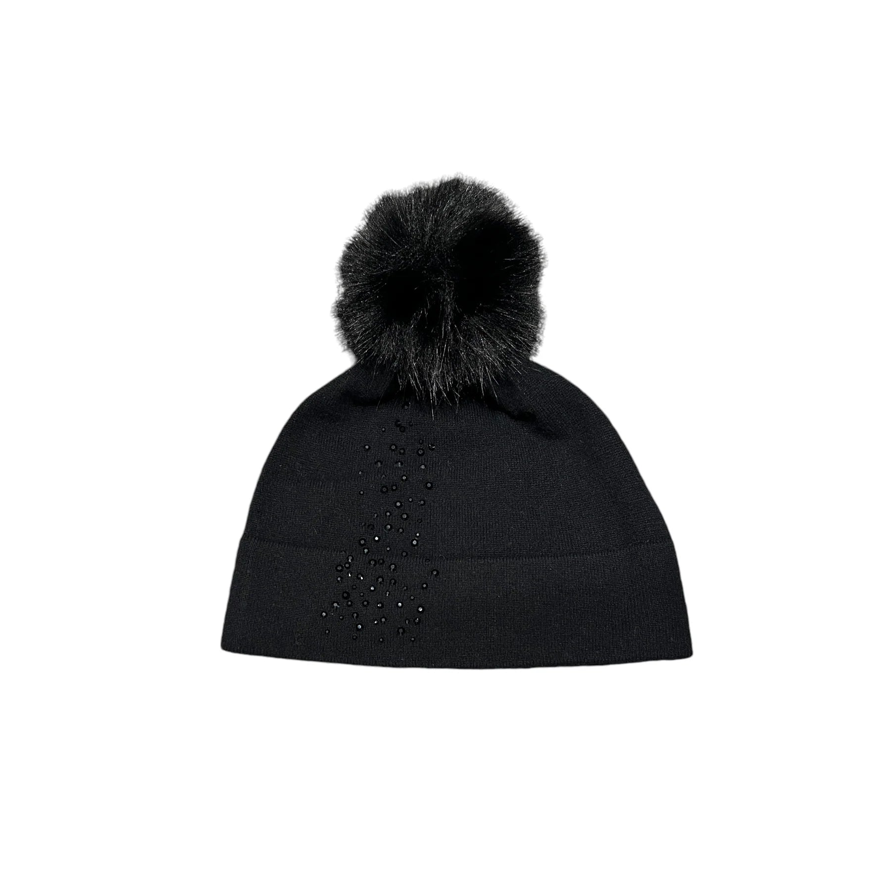 Fox Fur Black Sequined Beanie Belle Knit Mink Beanie Hat with Fox Fur Pom Pom in Black  main image 4